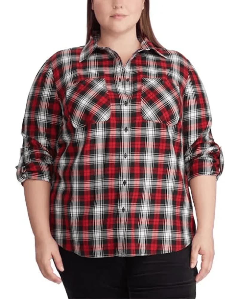 Front of a model wearing a size 2X Ralph Lauren Women's Plus Plaid Roll Tab Sleeve Shirt Red Size 2X in Red by Ralph Lauren. | dia_product_style_image_id:314738